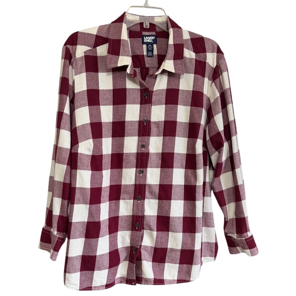 Lands' End Womens 2X Burgundy Buffalo Check Flannel Button Down Shirt Chore Work
